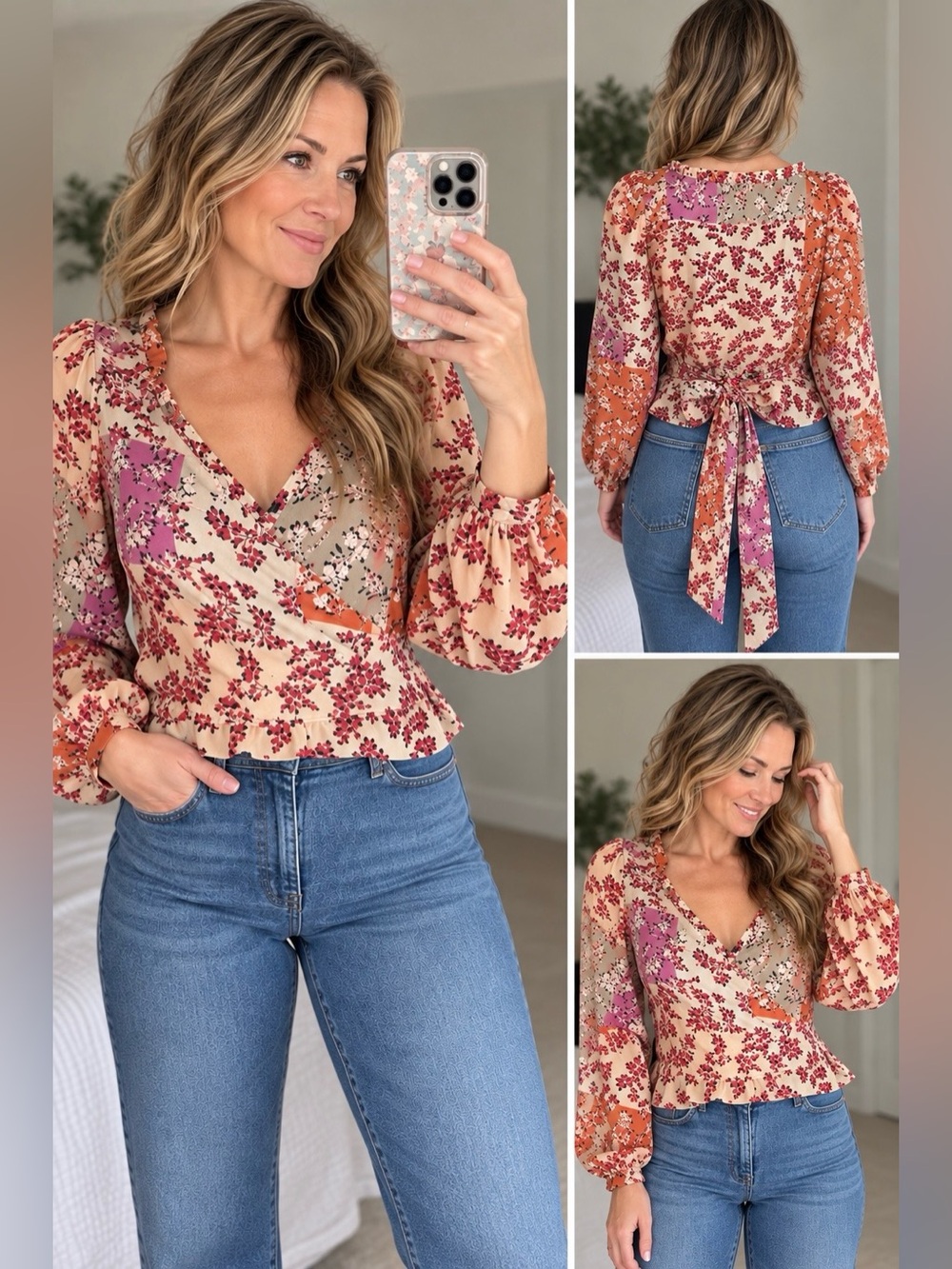 Milk & Honey Floral Faux Wrap Blouse Ruffle Puff Sleeve Peplum L